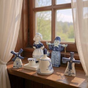 Vintage Blue & White Delft Holland Ceramic Figurines & Mini Windmills (Set of 5)